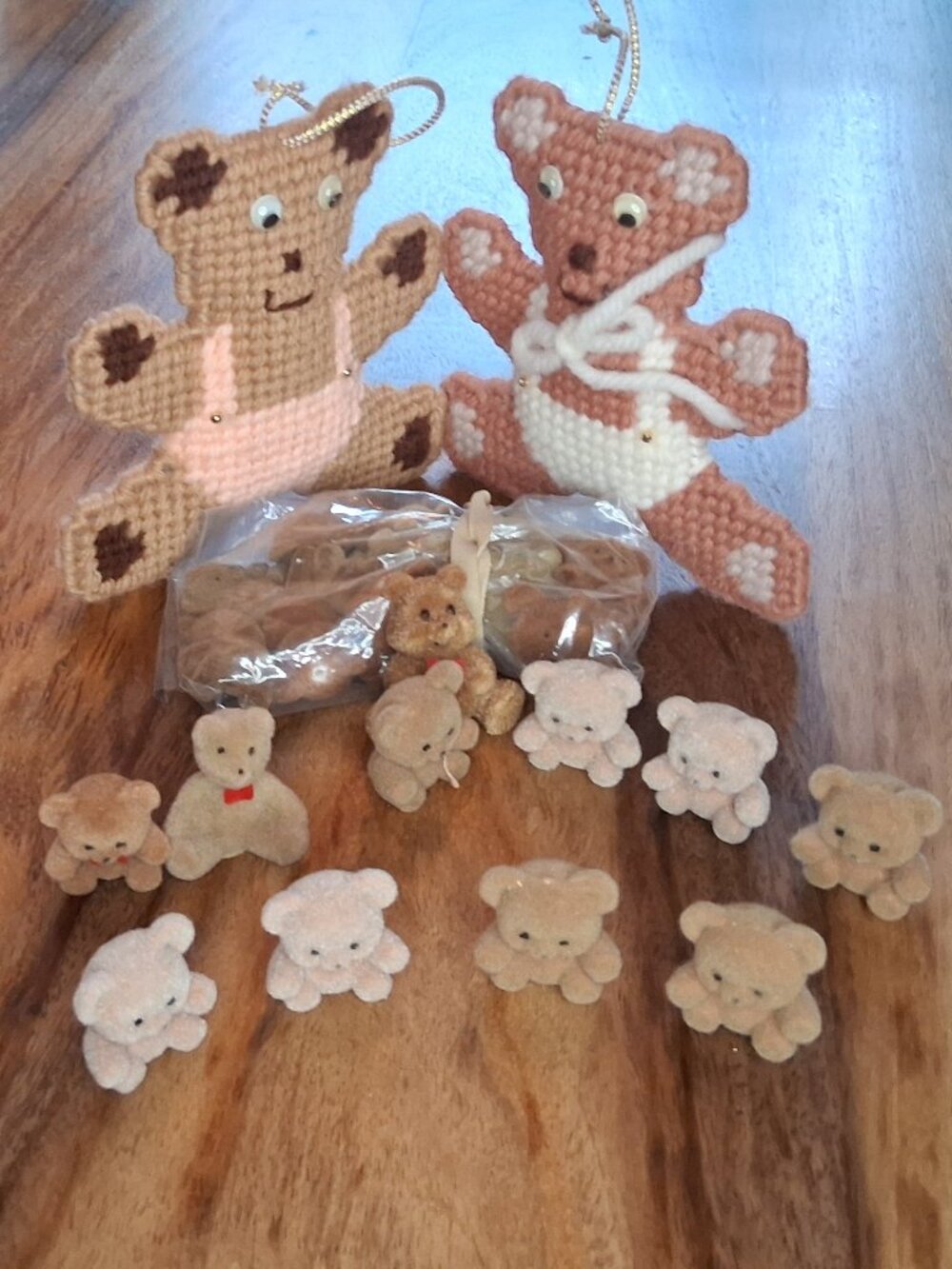 Vintage Flocked Mini Teddy Bear Figurine Lot & Handmade Plastic Canvas Ornaments
